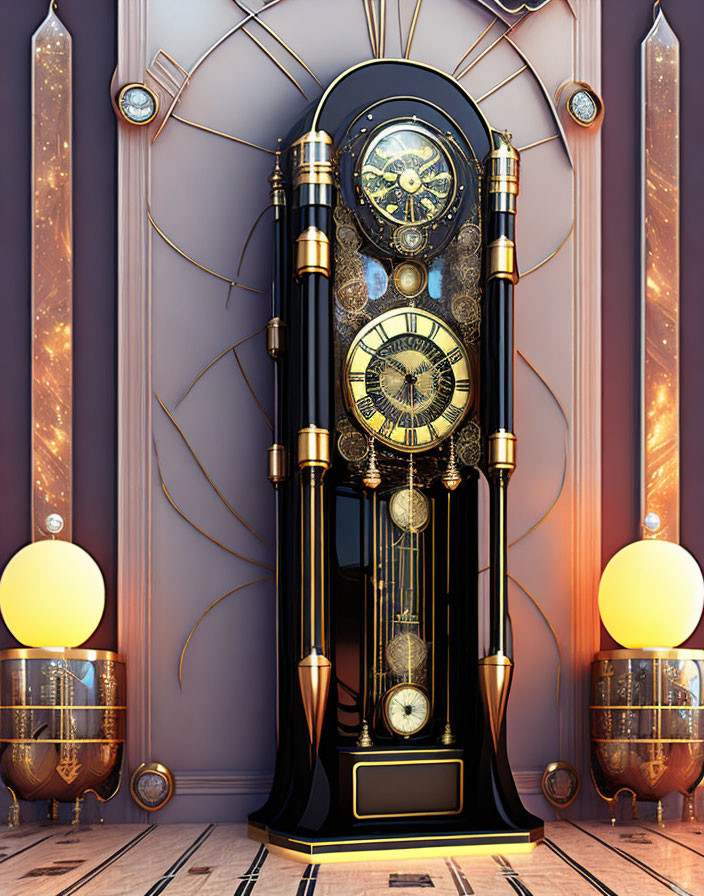 Elegant art deco grandfather clock with gold and black details against purple wall