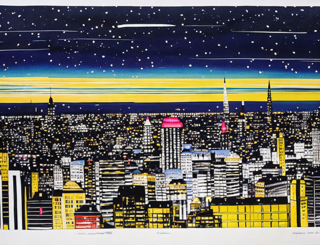 Stylized night cityscape with yellow and black buildings and shooting stars