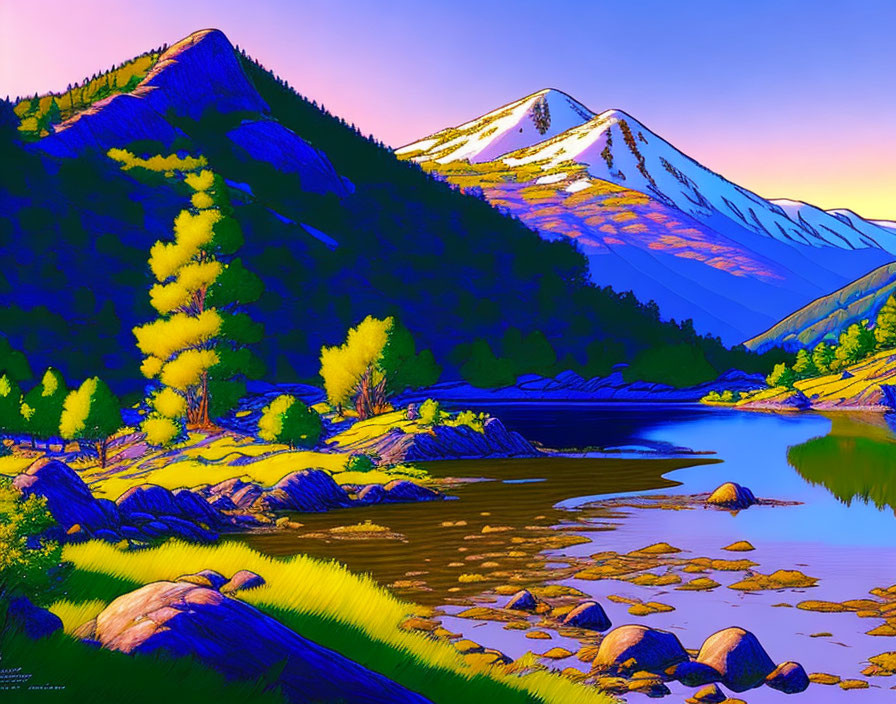 Scenic Digital Art: River, Trees, Mountains, Blue Sky