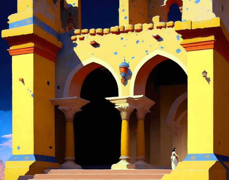 Vibrant Yellow Building with Moorish Arches and Blue Sky