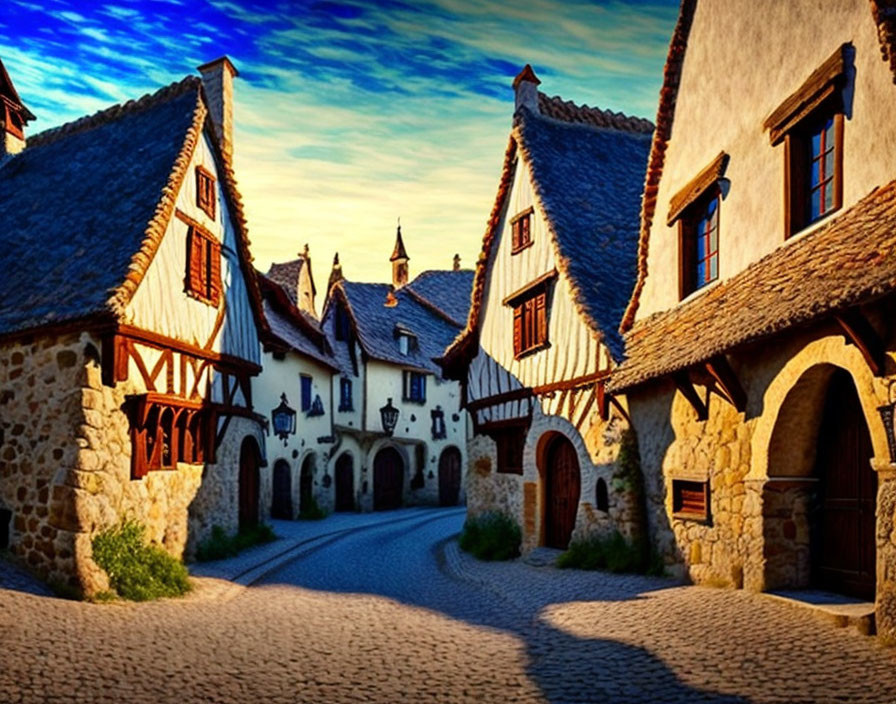 Picturesque European Village Street with Half-Timbered Houses