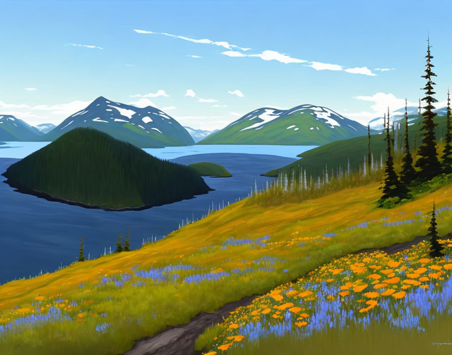 Scenic landscape with blue lake, green hills, and wildflowers