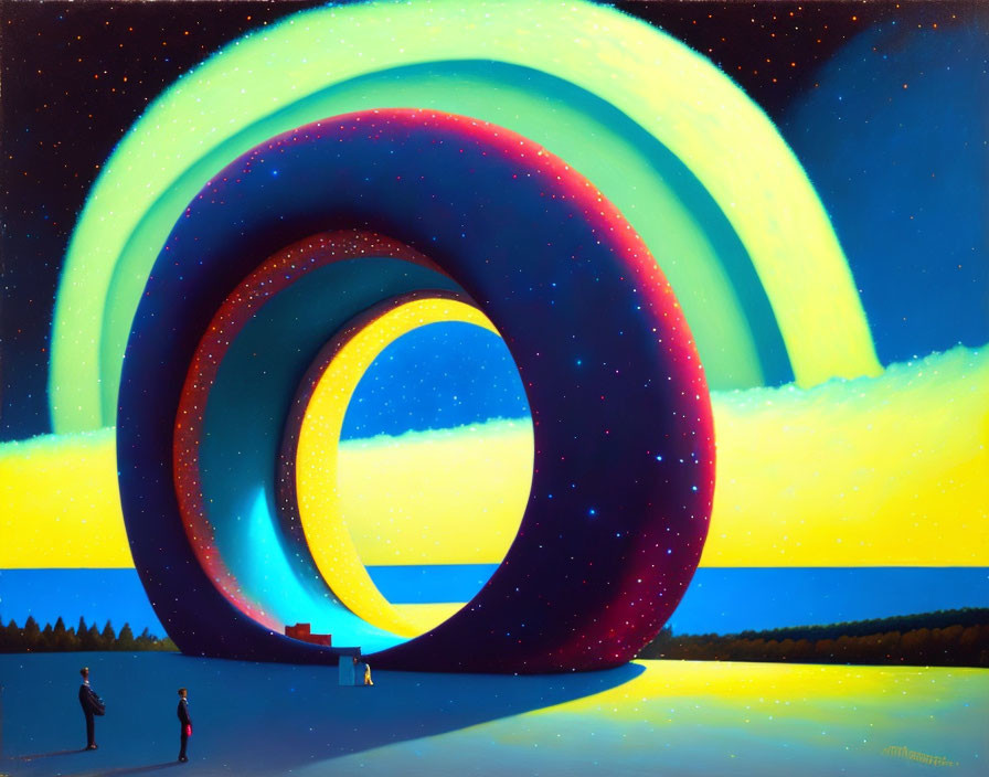 Colorful painting of two people looking at giant torus under starry sky