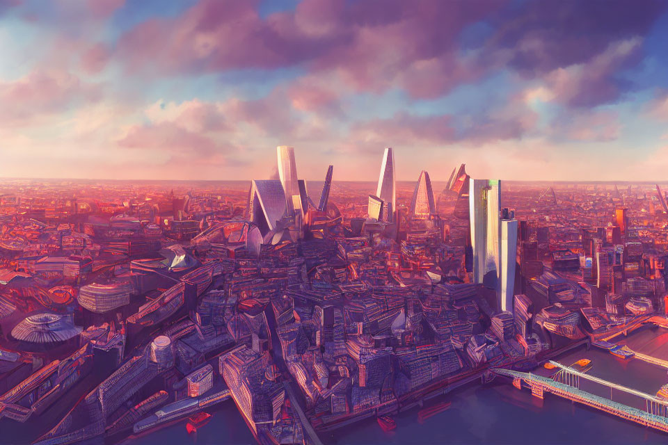 Vivid futuristic cityscape at sunset with advanced buildings, river, and clear sky.