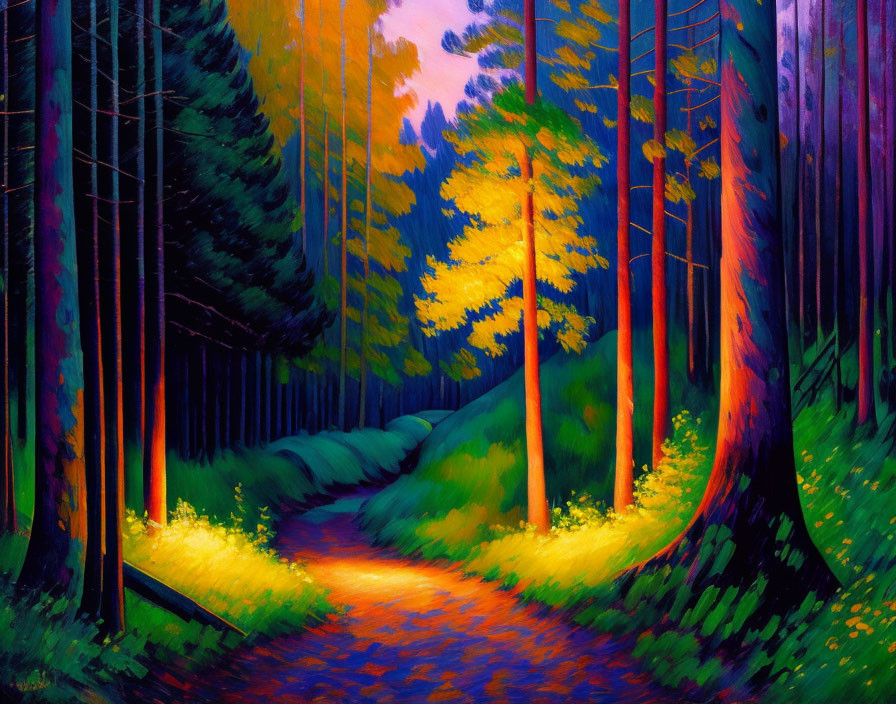 Lush forest painting with winding path and sunlight glow