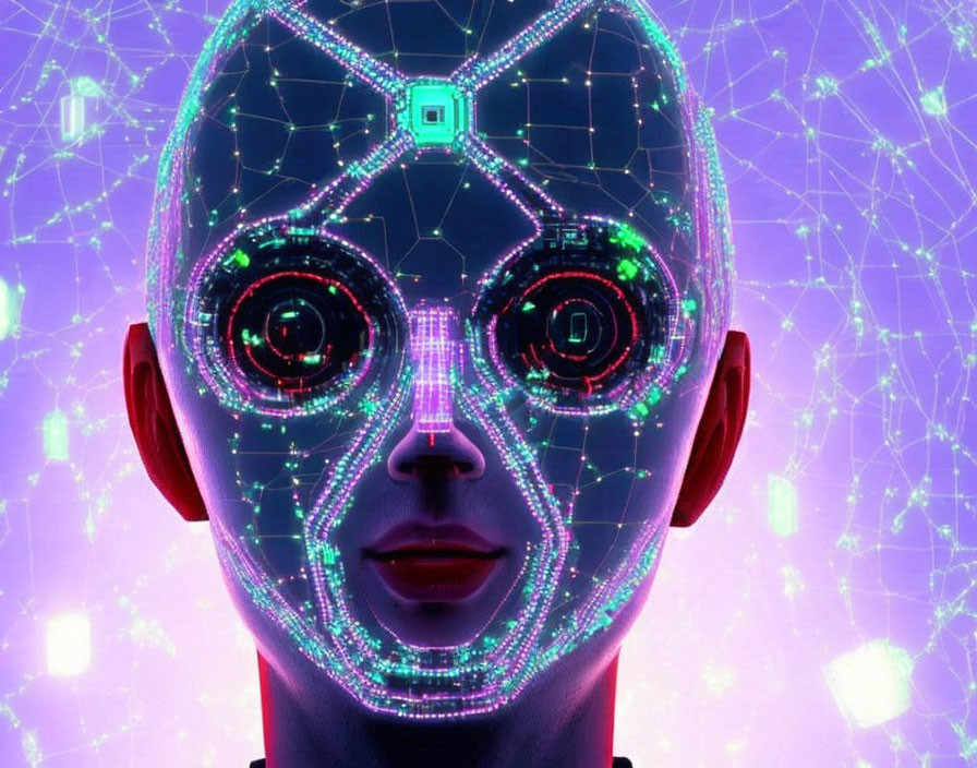 Digital humanoid face with circuit pattern and glowing eyes on network nodes backdrop