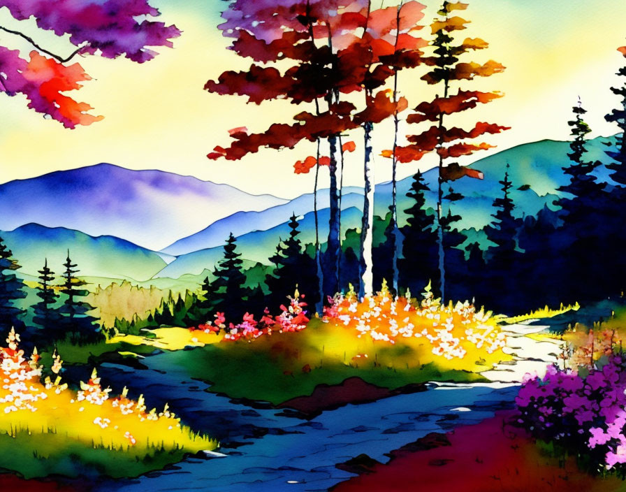 Colorful Watercolor Painting of Scenic Landscape with Trees, Path, and Mountains