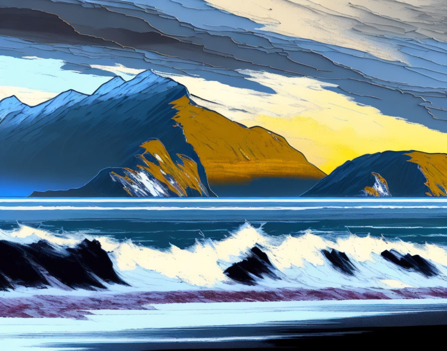 Seascape digital artwork with dynamic waves and layered mountains