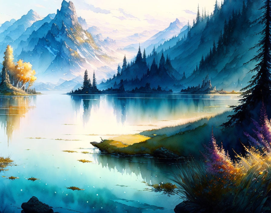 Tranquil landscape painting: calm lake, mountains, colorful flora, misty hills, blue sky