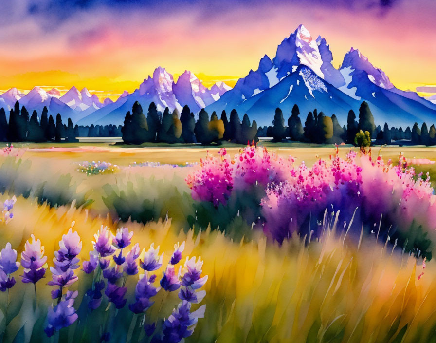 Colorful Watercolor Landscape: Purple and Pink Wildflowers, Meadows, Snow-Capped Mountains, Sunset