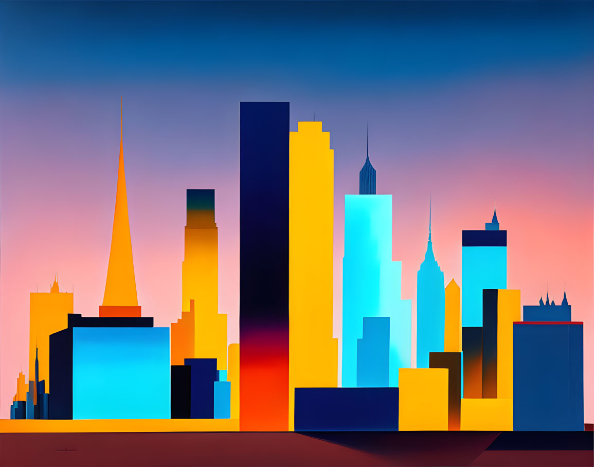 Colorful Cityscape Illustration: Blue, Yellow & Orange Skyscrapers at Sunset or Sunrise