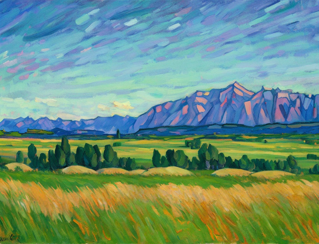 Colorful landscape painting: lush green field, blue sky, elongated clouds, purple mountains.