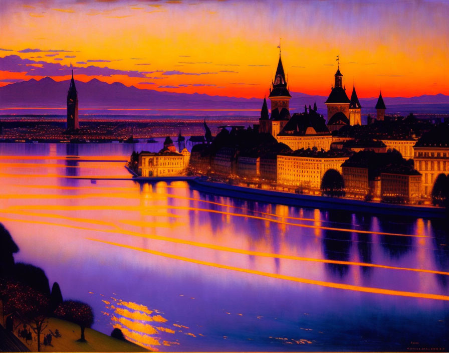 Vivid orange and purple sunset cityscape with historic building silhouettes