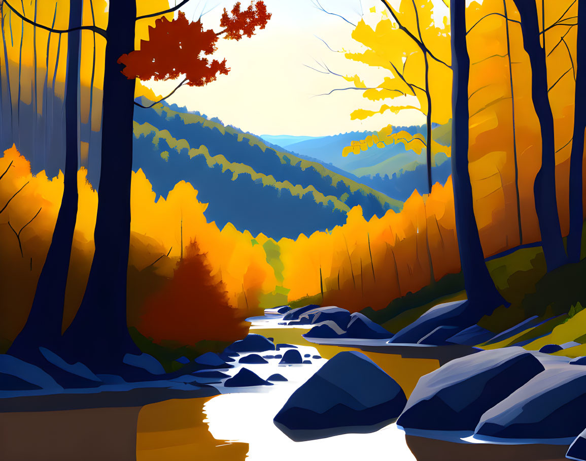 Vibrant autumn forest creek with yellow and orange leaves.