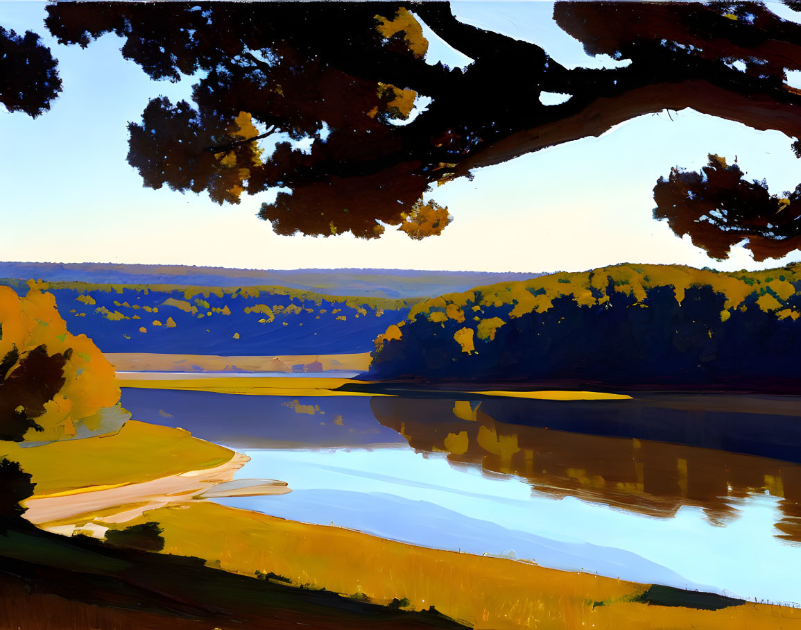 Scenic landscape painting: river, blue waters, golden and green foliage, bright sky, shaded area