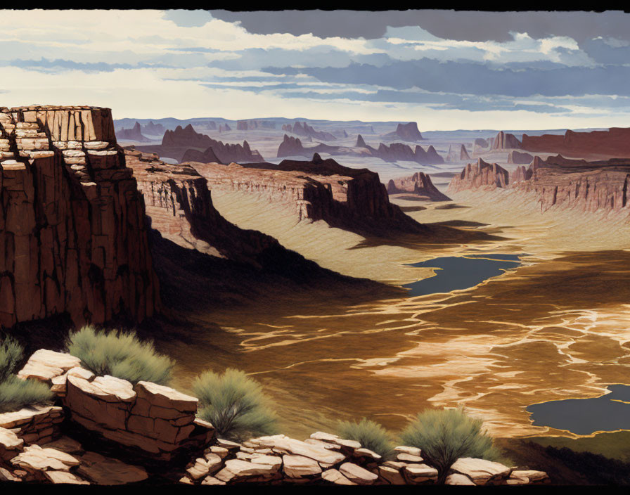 Desert landscape with towering cliffs and winding river