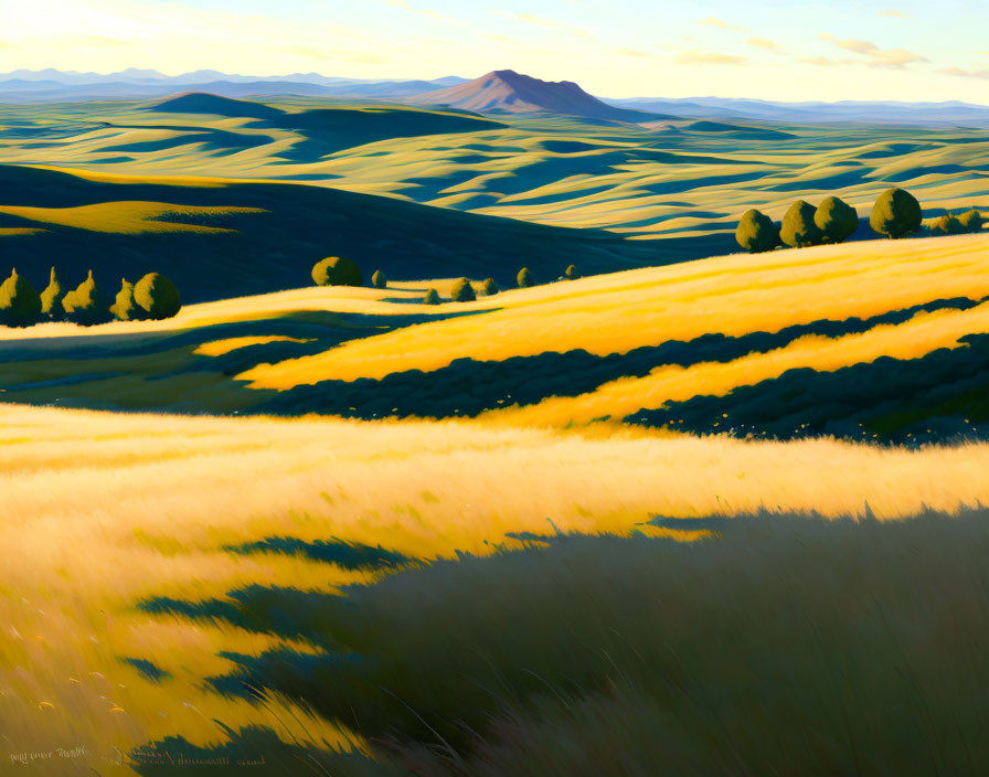 Landscape of golden fields, wavy patterns, distant trees, and solitary mountain horizon