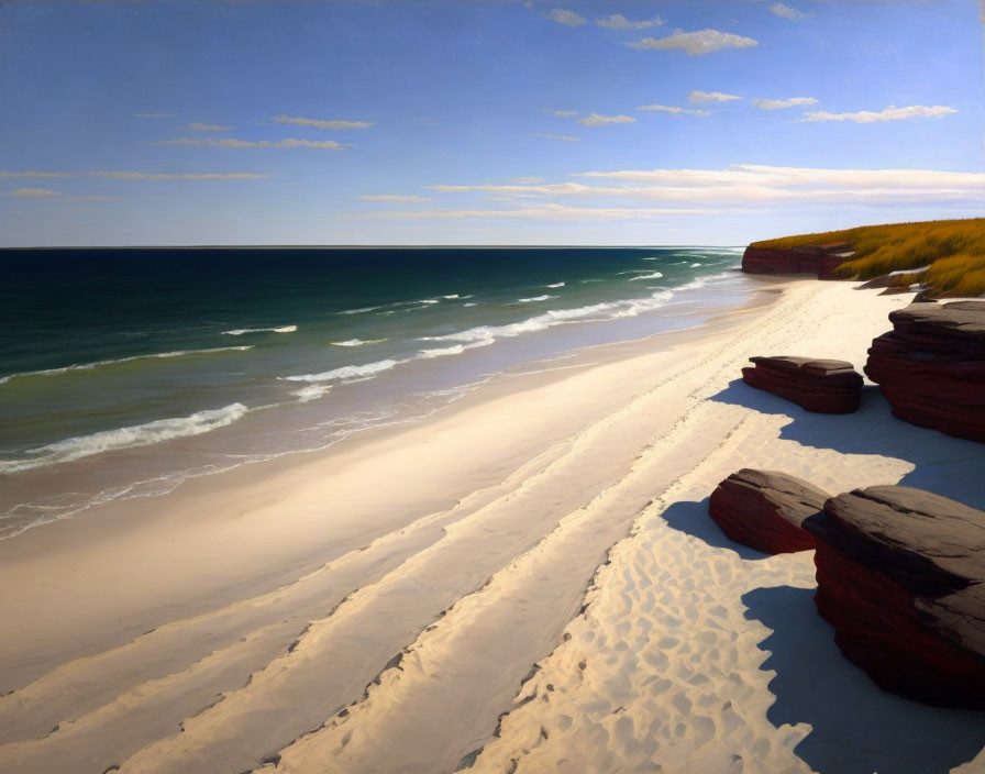 Tranquil beach landscape with white sand, calm sea, blue sky, and red cliffs