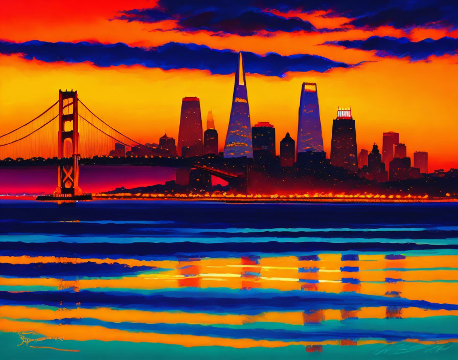 Colorful painting of San Francisco skyline & Golden Gate Bridge at sunset