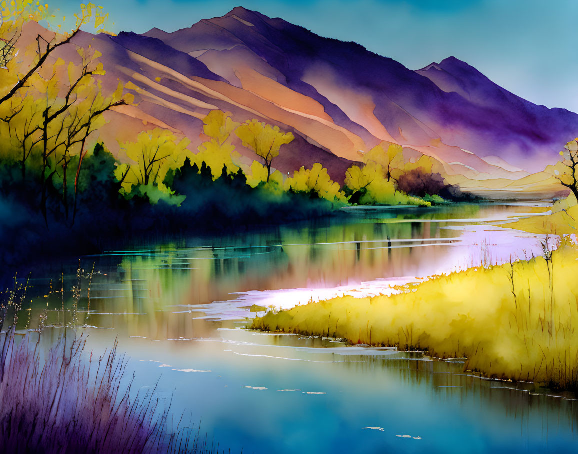 Colorful Watercolor Landscape: Serene River, Foliage, Purple Mountains