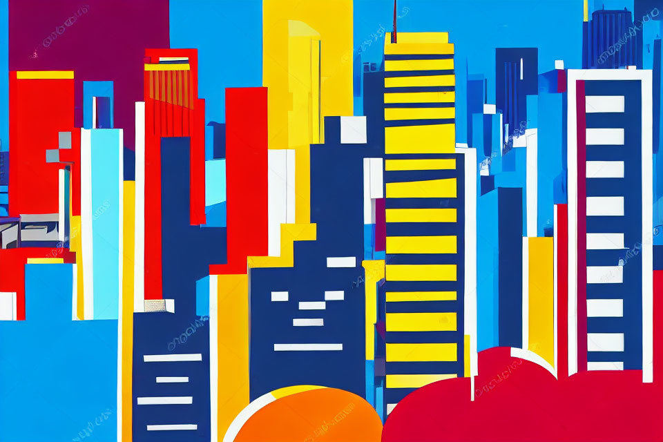 Vibrant cityscape illustration with geometric buildings under blue sky