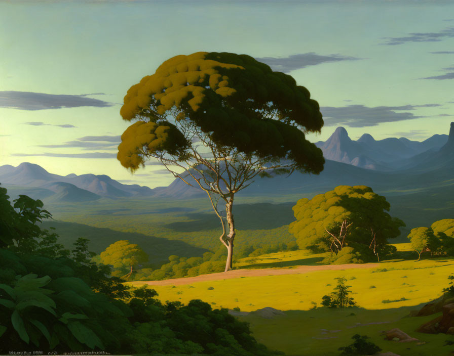 Solitary tree with lush canopy in vibrant clearing with forests and mountains.