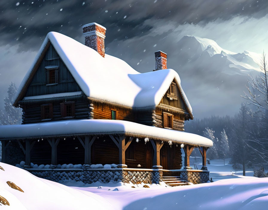 Winter dusk scene: Snow-covered log cabin with glowing windows, serene landscape, and distant mountains.