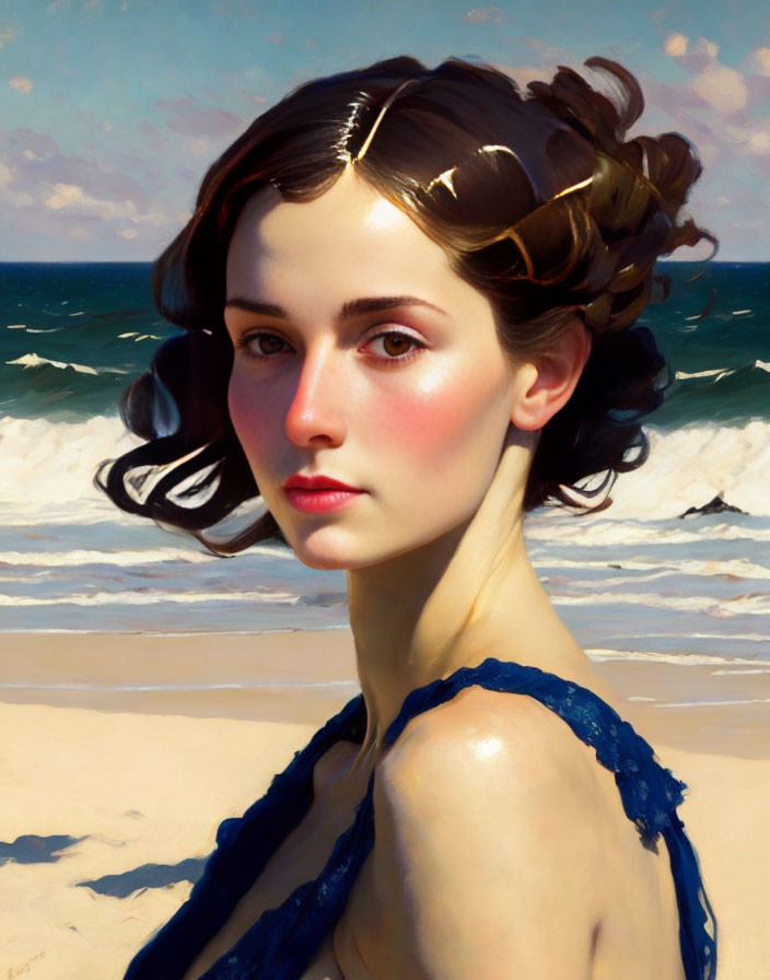 Portrait of woman with dark curly hair, fair skin, in blue dress on beach backdrop