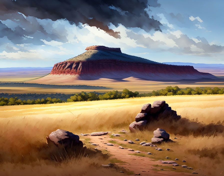 Flat-Topped Mesa Landscape with Trail and Golden Fields