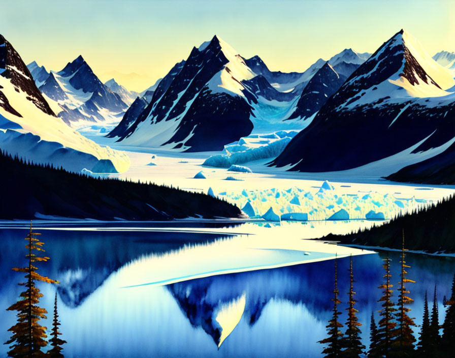 Digital Art: Serene Mountain Lake with Snowy Peaks