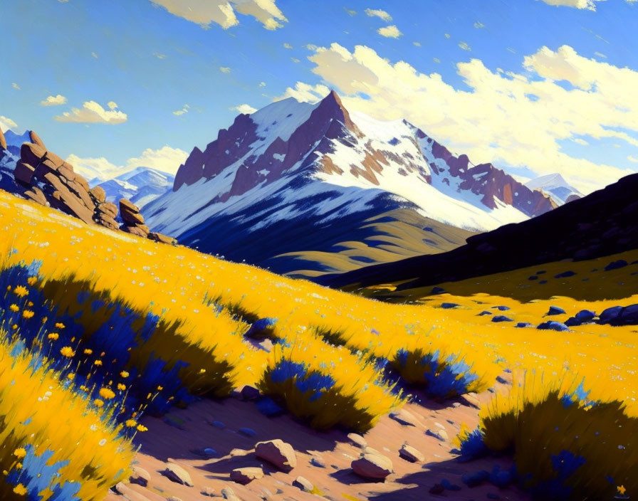 Mountain landscape painting with yellow flowers under blue sky