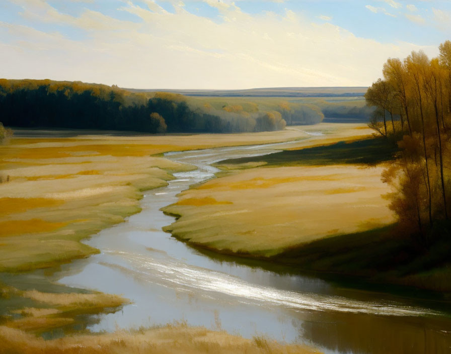 Tranquil landscape with river, golden fields, and trees