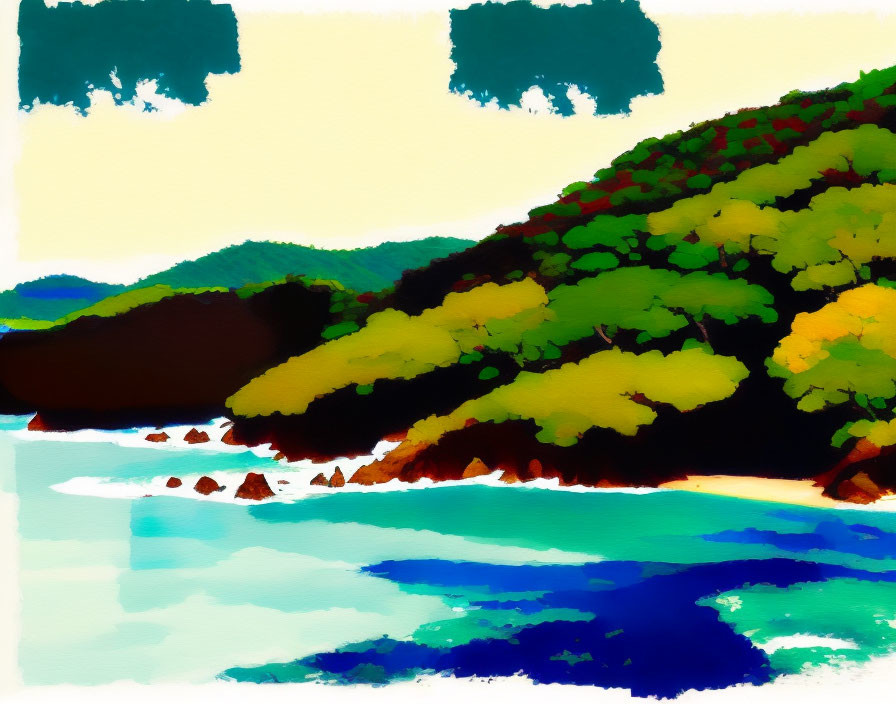 Vibrant coastal painting: green hills, rocky outcrops, turquoise waters