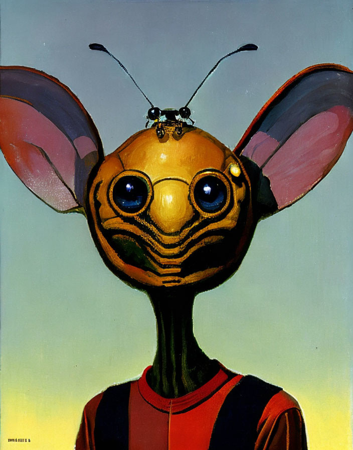 Abstract surreal portrait of stylized figure with insect-like head and antennae