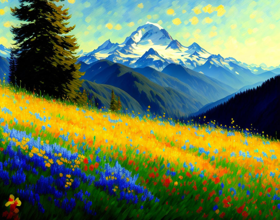 Colorful painting of flowery meadow with mountains and forest landscape