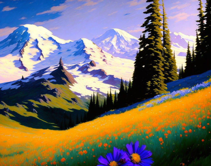 Sunlit alpine landscape with snow-capped mountains and wildflowers