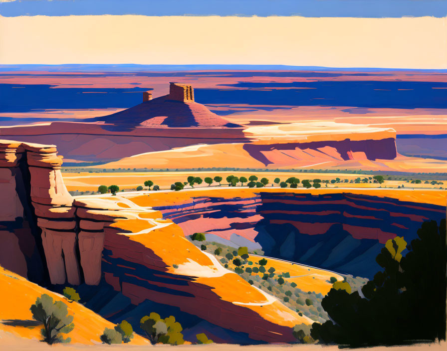 Colorful desert landscape with rock formations and canyons under blue sky