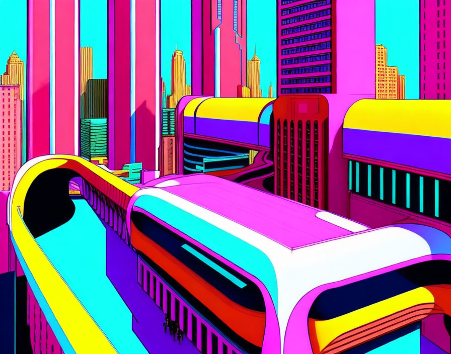 Futuristic cityscape with neon buildings and advanced trains