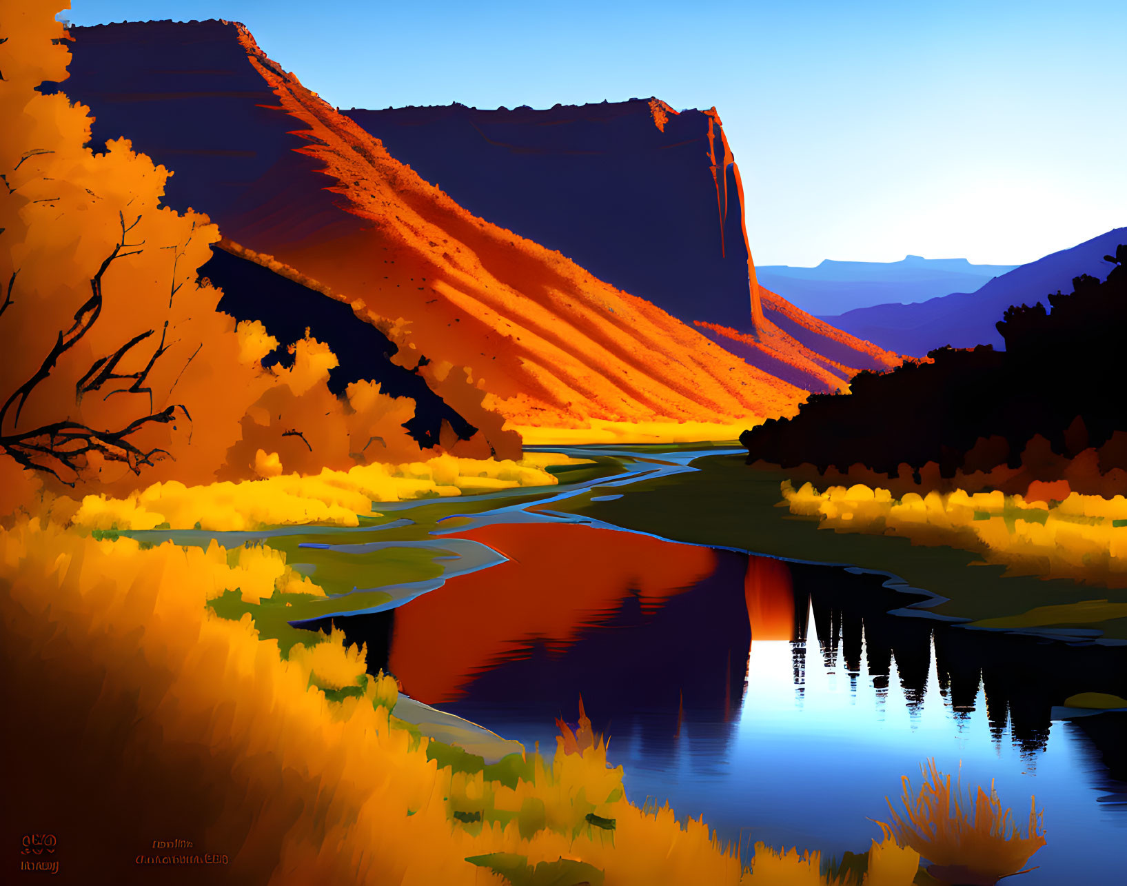 Colorful Digital Artwork: Reflective River in Vibrant Valley