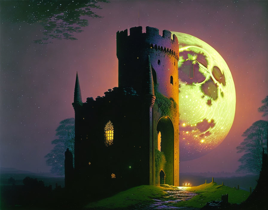 Surreal green moon over Gothic castle at night