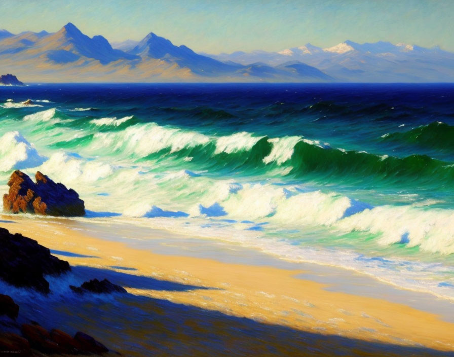 Vibrant coastal seascape with crashing waves and mountain range