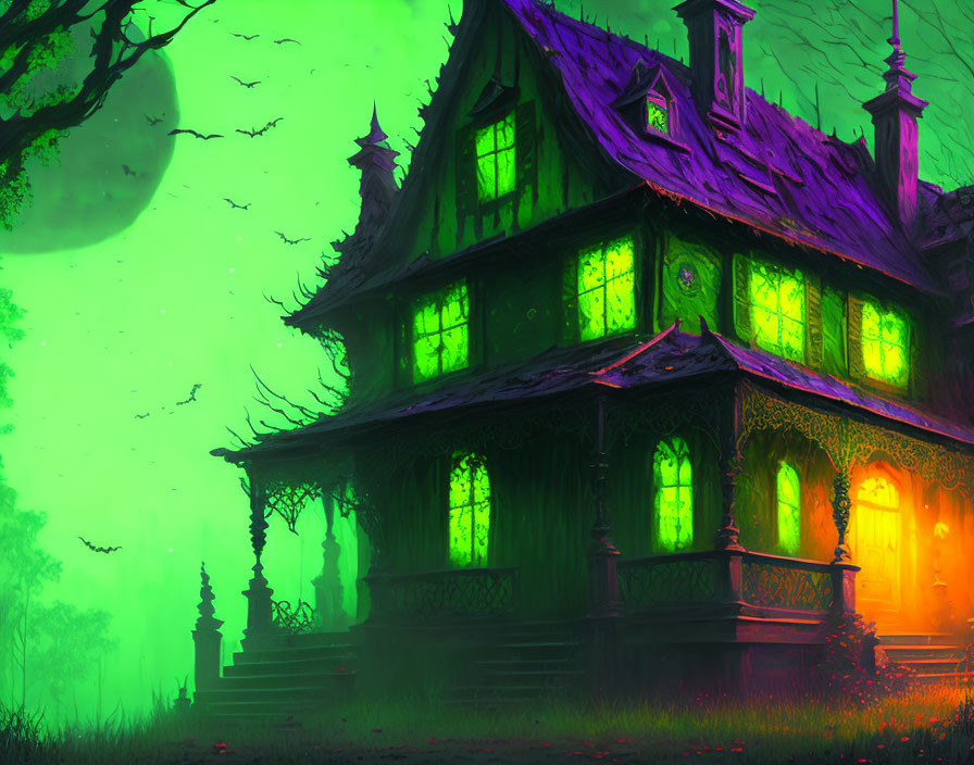 Spooky two-story haunted house under purple sky with full moon and bats