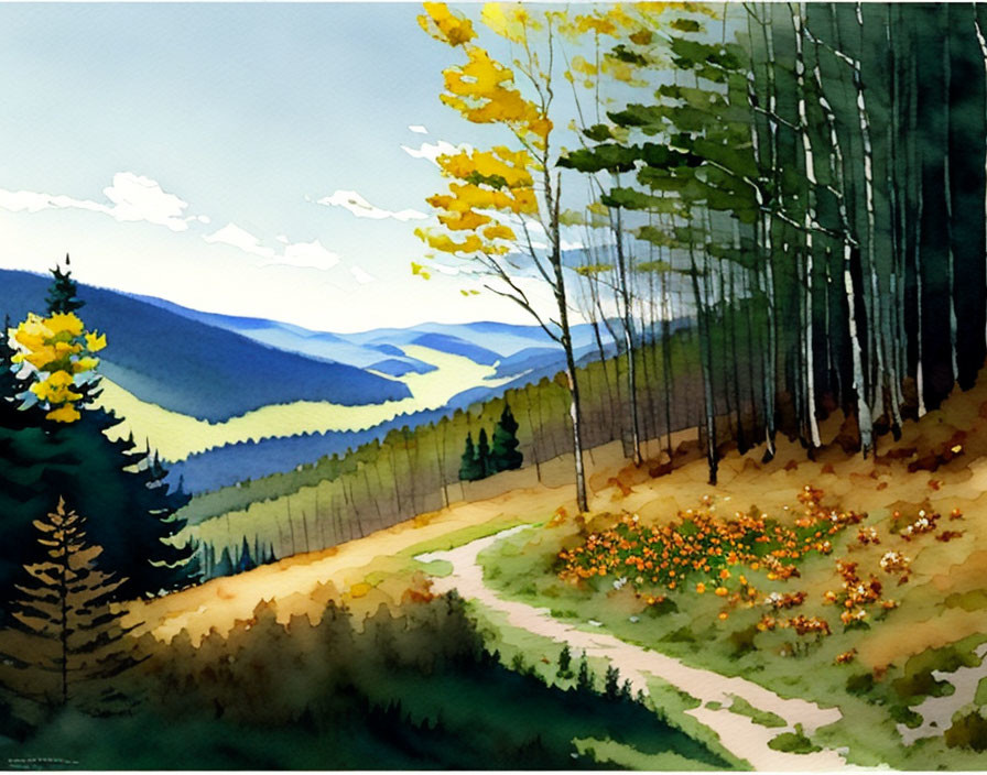 Colorful Watercolor Painting of Forest Landscape