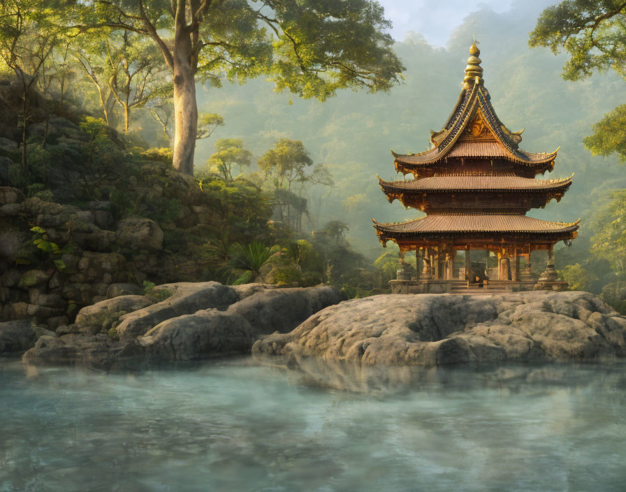 Traditional multi-tiered pagoda by misty river in lush greenery & rocky terrain under golden light