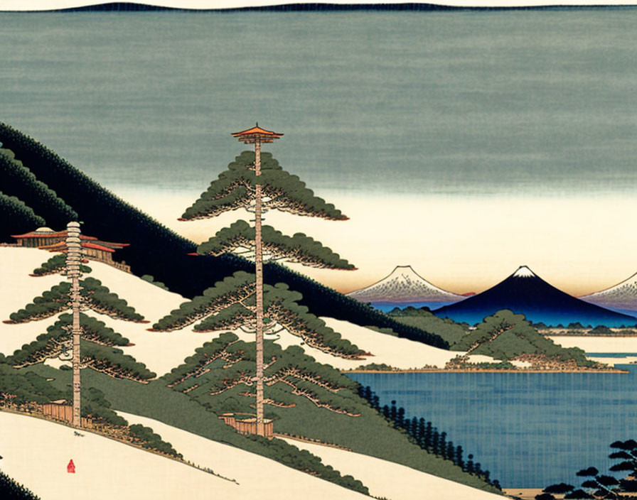 Japanese Ukiyo-e style landscape with pine trees, pagoda, and distant mountains