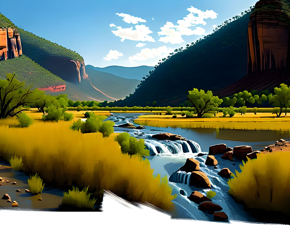 Scenic river valley with colorful trees and red cliffs