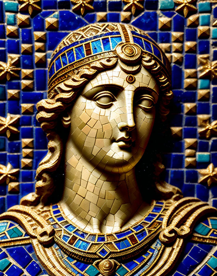 Golden-skinned woman in blue headdress mosaic on starry blue background