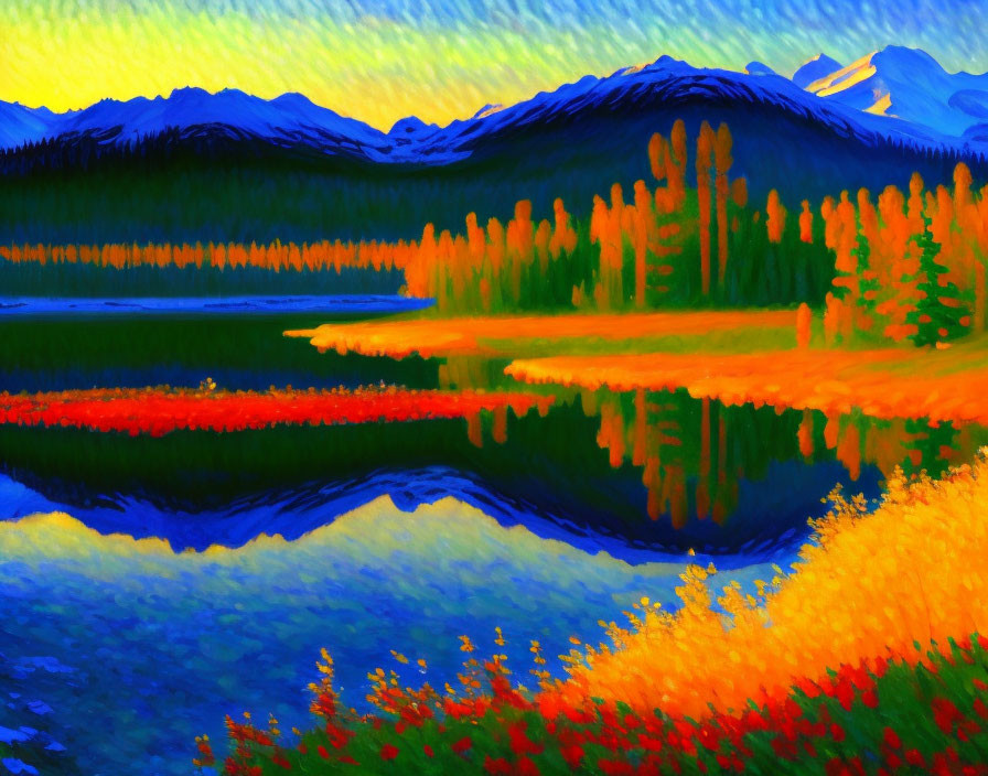 Impressionistic landscape painting: Reflective lake, autumn trees, tranquil mountains