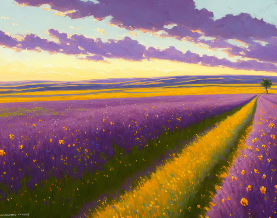 Purple Flower Field Painting Under Sunset Sky with Path