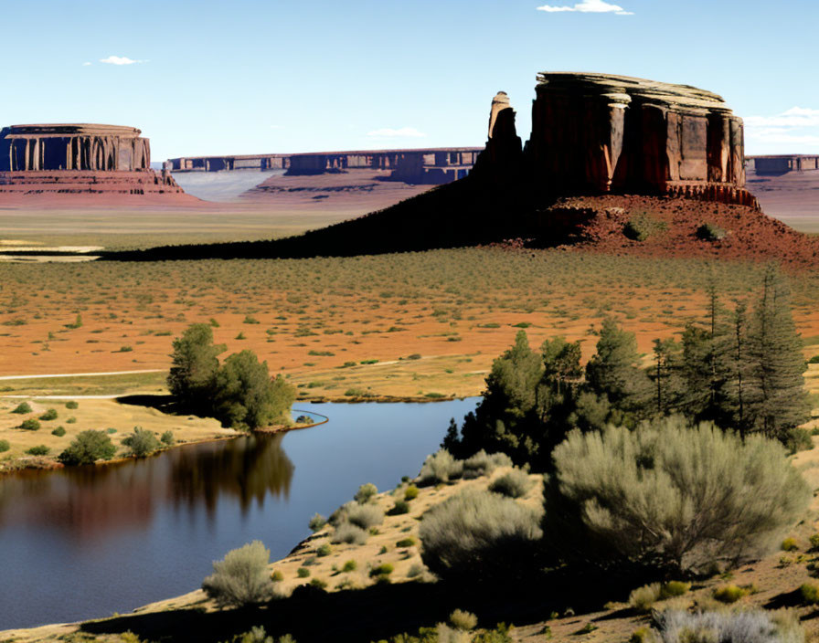 Iconic red sandstone buttes in Monument Valley with blue sky and reflective pond